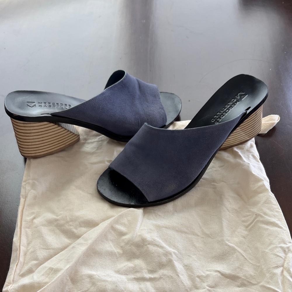 MERCEDES CASTILLO Navy Suede Open-Toe Slide Mules - Picture 7 of 8